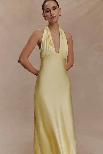 Alice Satin Halter Maxi Dress Lemon