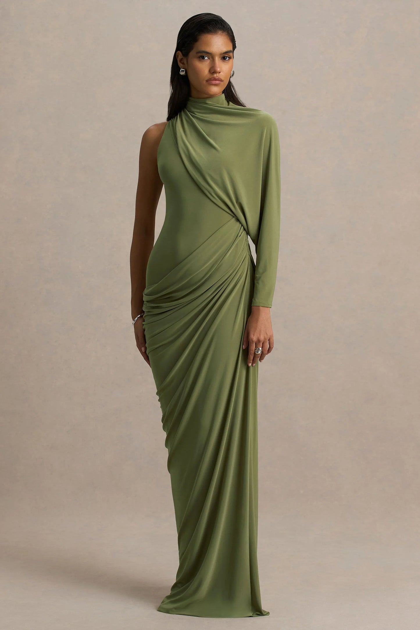 Aphra Green High Neck Maxi Dress With Cape Sleeve