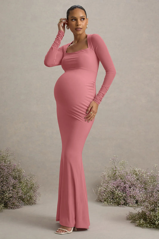 Abeam Blush Pink Maternity Maxi Dress With Sheer Sleeves