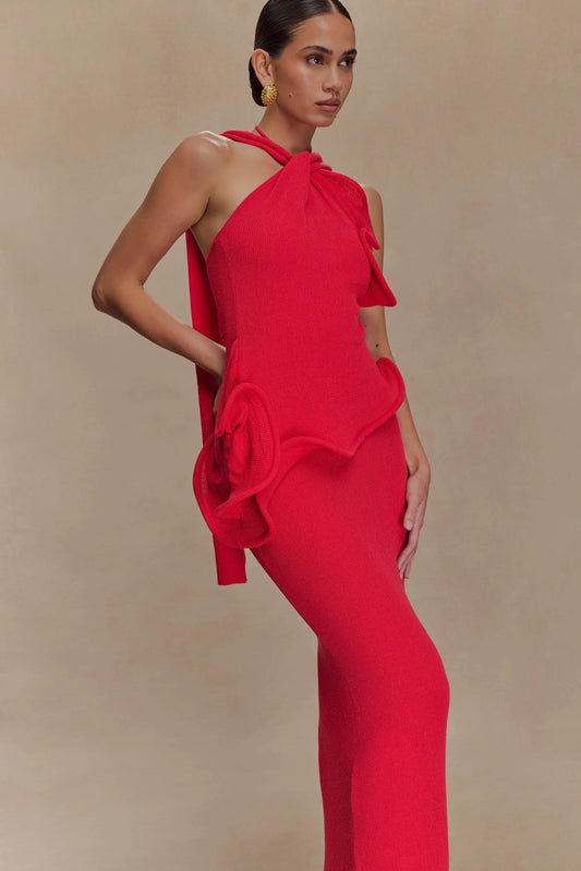 Caprice Halter Knit Maxi Dress Red