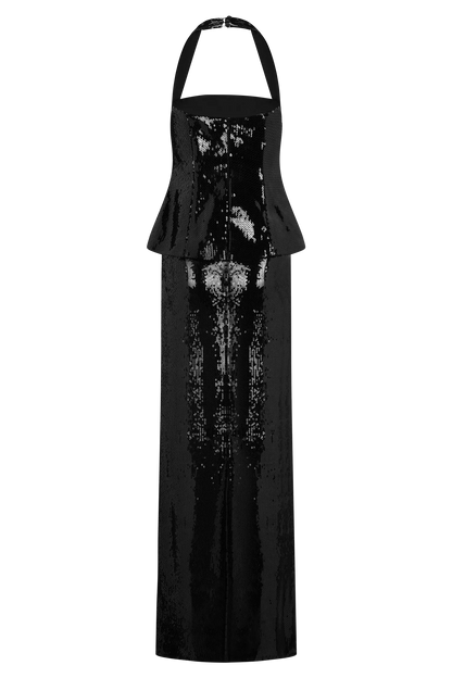 Bertie Sequin Peplum Halter Maxi Dress Black