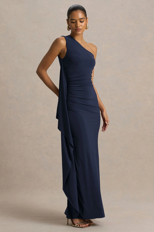 Adelina Navy One Shoulder Maxi Dress With Drape