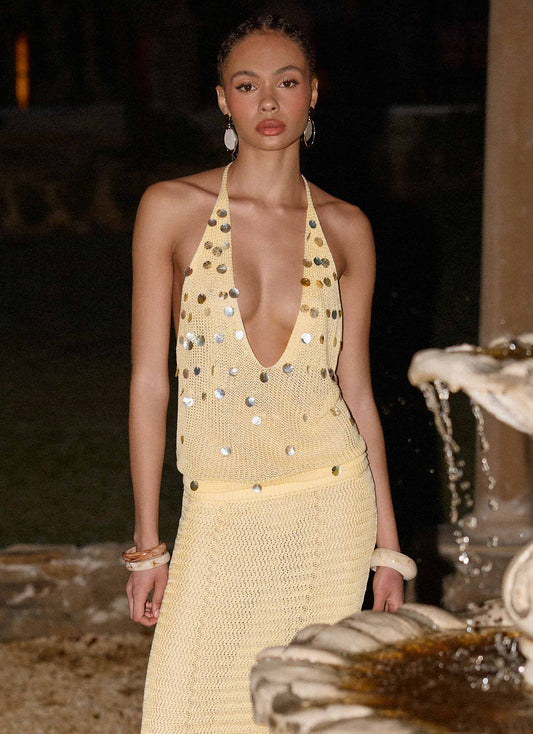 Adelaida Beaded Crochet Top Yellow