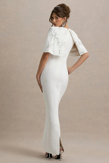 Agnella White Embellished V Neck Maxi Dress