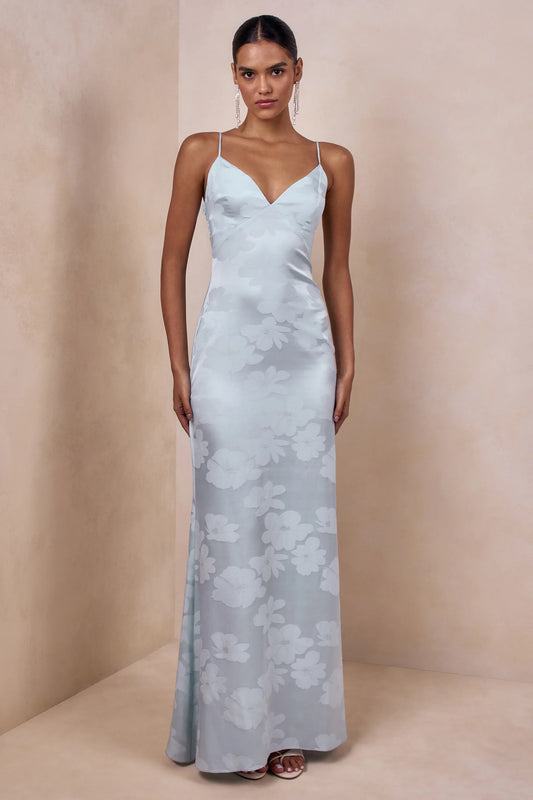 Carelle Powder Blue Satin Plunge Neck Maxi Dress With Asymmetric Drop Waist