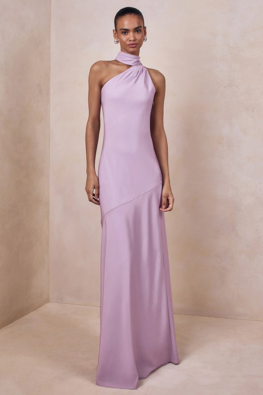 Cara Lilac Matte Satin High Neck Maxi Dress