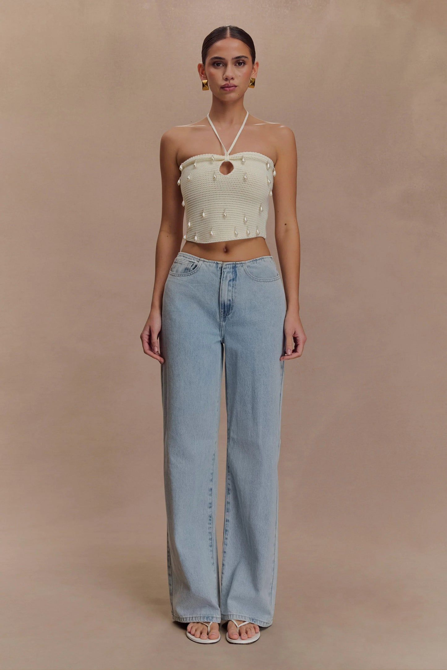 Aletta Knit Pearl Halter Top Ivory