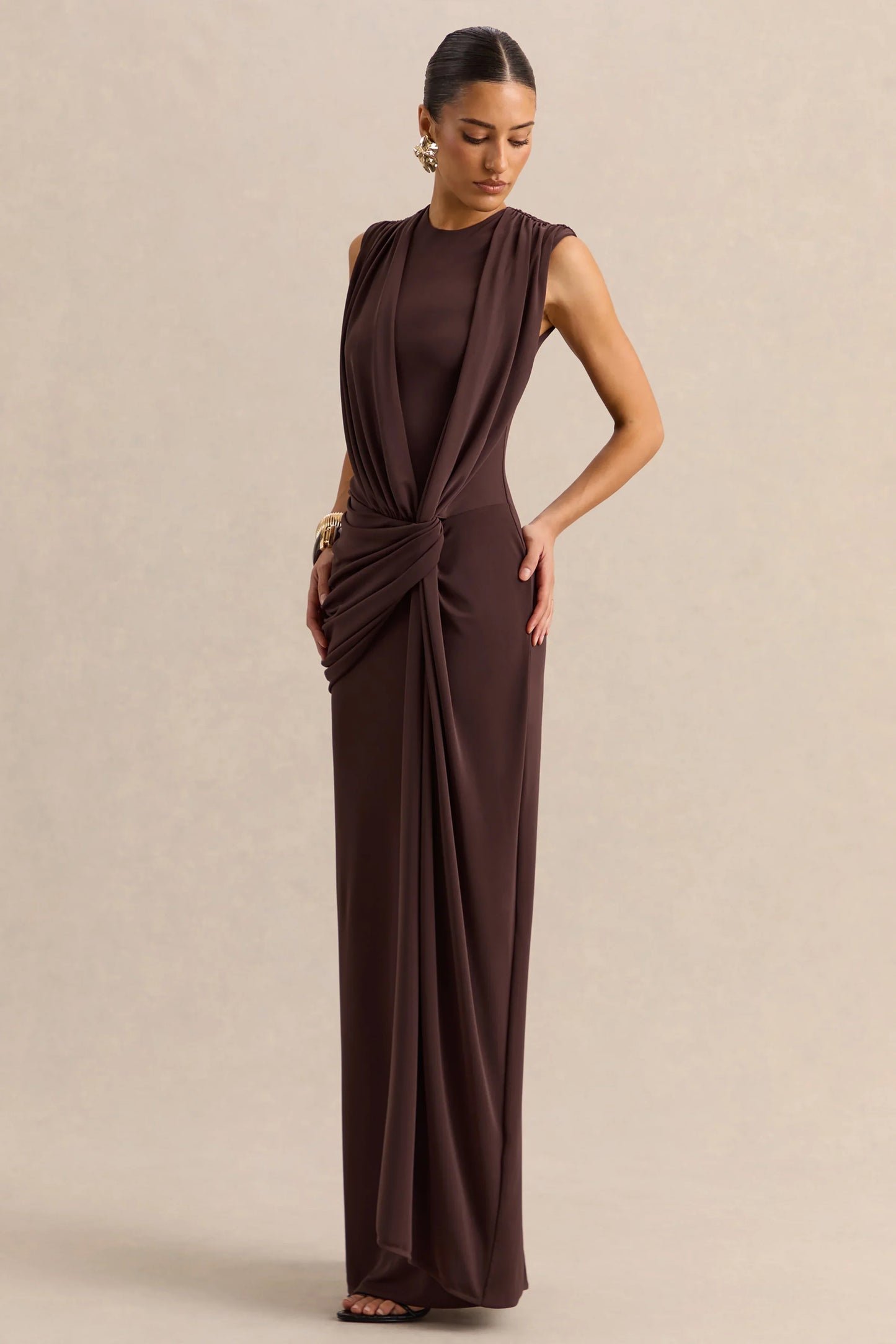 Blythia Brown Round Neck Maxi Dress With Gathered Detailing