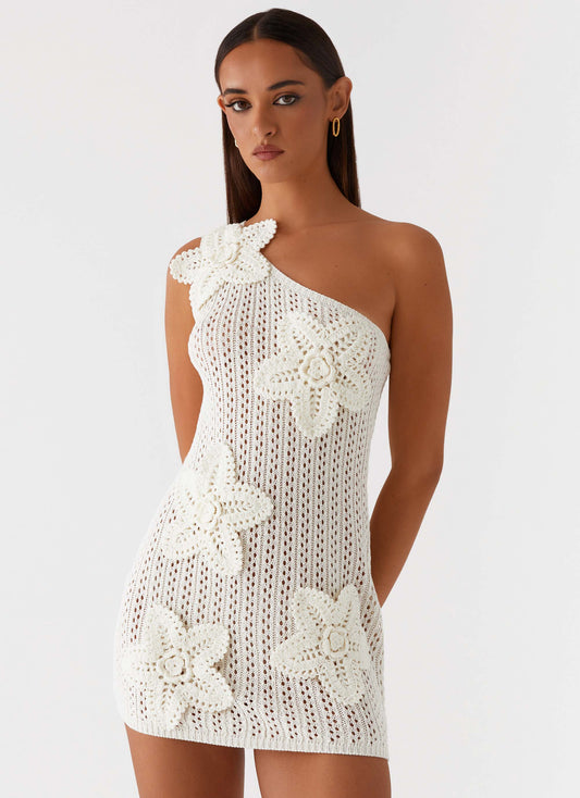 Afterglow One Shoulder Crochet Mini Dress Ivory