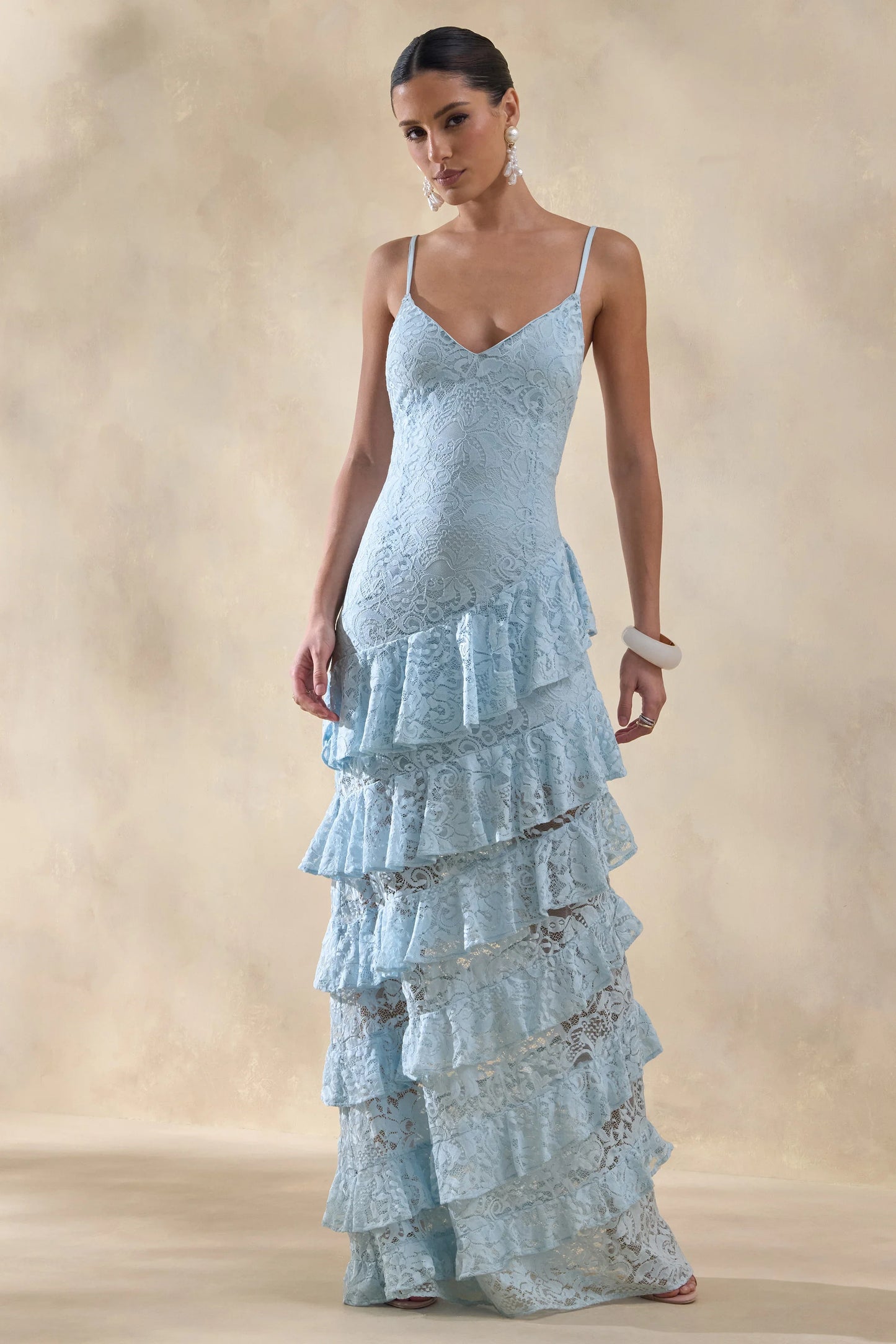 Avelisse Blue Lace Plunge Neck Maxi Dress With Ruffled Detailing