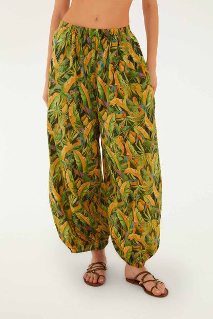 Green Forest Parrots Pockets Balloon Pants