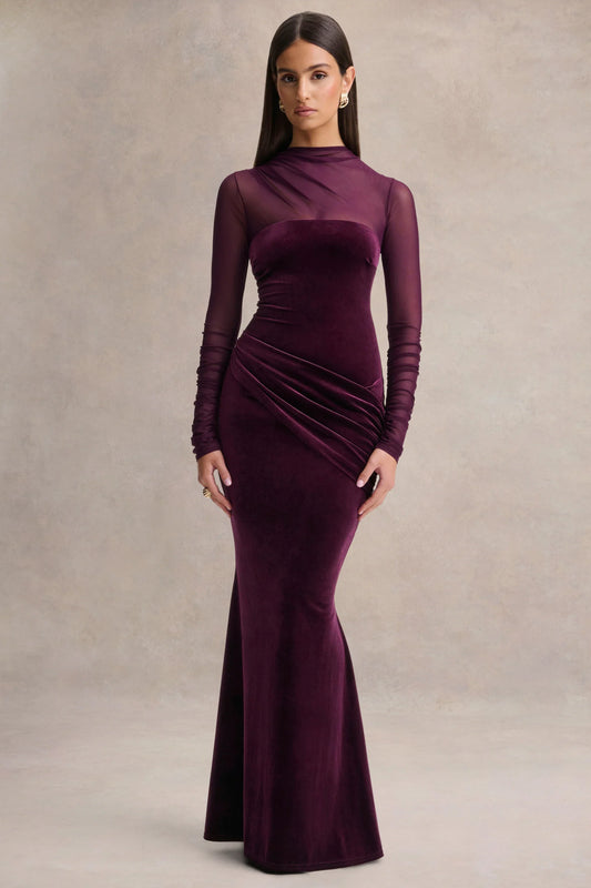 Cambria Plum Velvet High Neck Maxi Dress With Draped Detailing