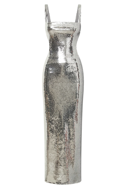 Adoria Sequin Cut Out Maxi Dress Silver