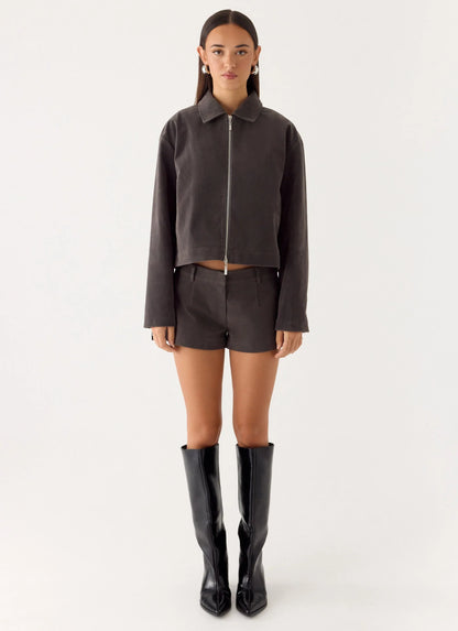 Austina Faux Suede Boxy Jacket Tan Grey